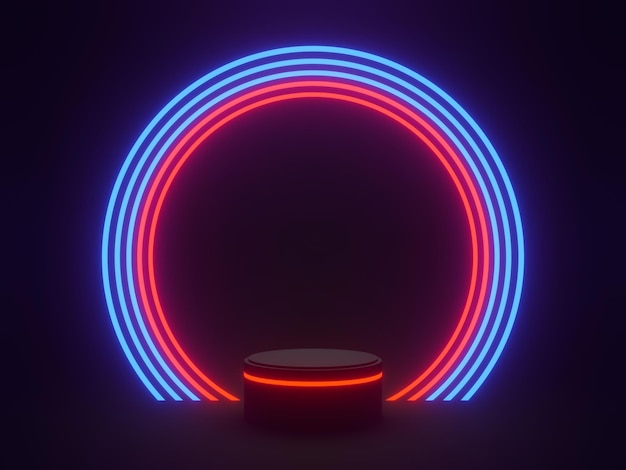 3D black geometric podium with red and blue neon lights