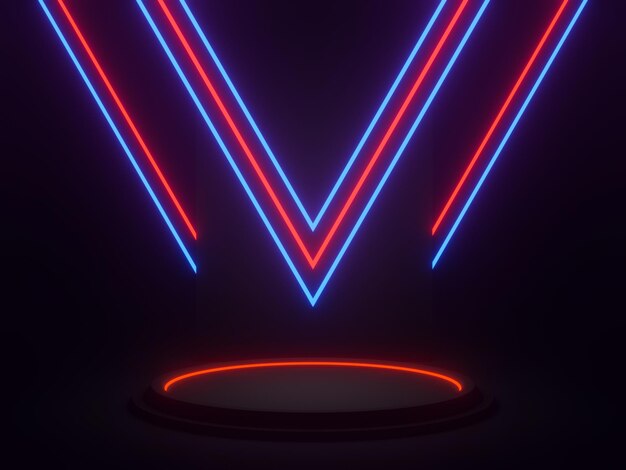 3D black geometric podium with red and blue neon lights