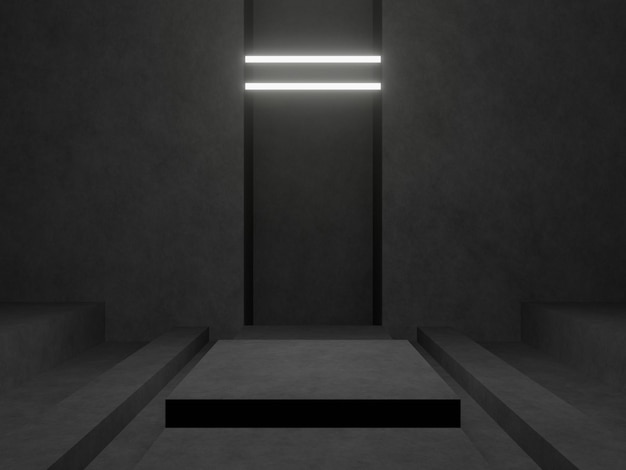 Foto podium geometrico nero 3d con luci al neon bianche