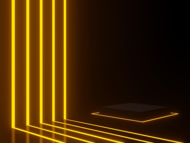 노란색 네온 불빛이 있는 3D 검은색 기하학적 연단