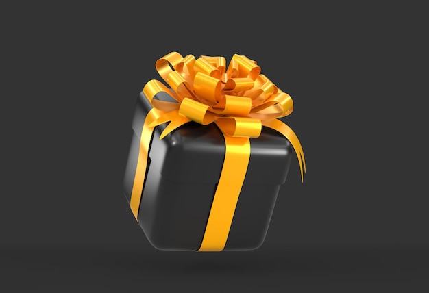 3D Black gift box with golden ribbon and bow isolated on dark background Birthday present Christmas or New Year Black Friday sale or loyalty program Realistic icon bonus or award 3d render