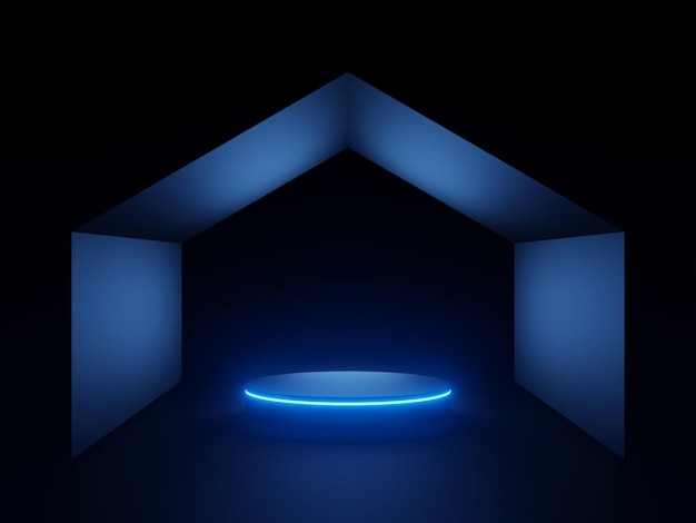 3D black podium with blue neon lights