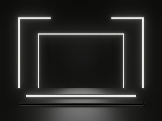 3d sfondo scientifico nero podio scuro con luci al neon bianche Foto Premium
