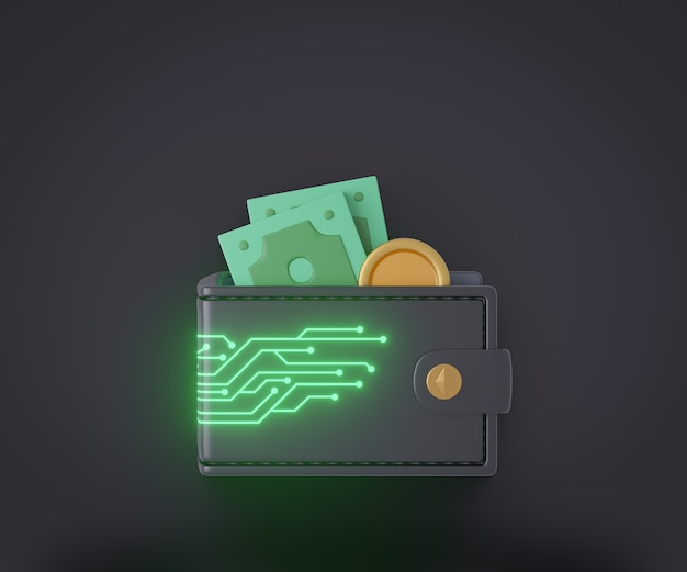 Photo 3d black wallet with glow digital line circuit board and money. 3d illustration rendering.