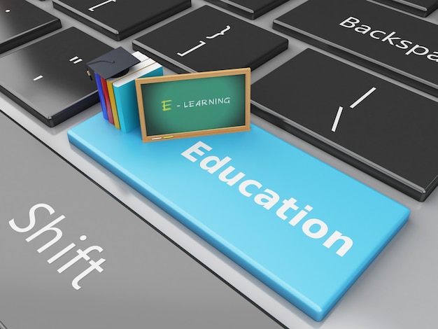 3d Blackboard and books on computer keyboard.