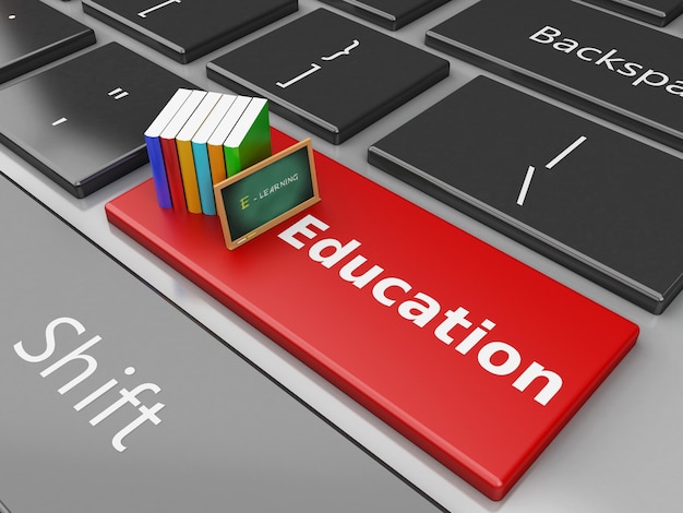 3d Blackboard and books on computer keyboard.