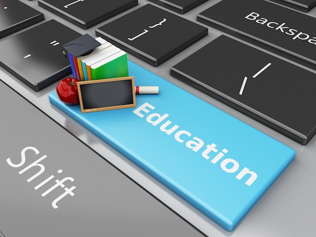 3d Blackboard, graduation cap and books on computer keyboard.