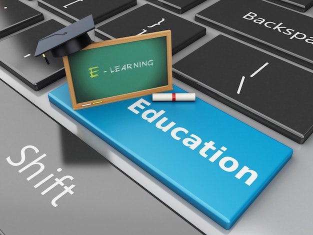 3d Blackboard, graduation cap and diploma on computer keyboard.