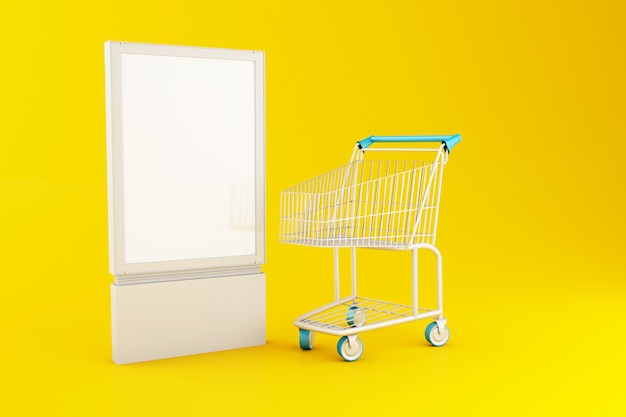 Photo 3d blank signboard and shopping cart