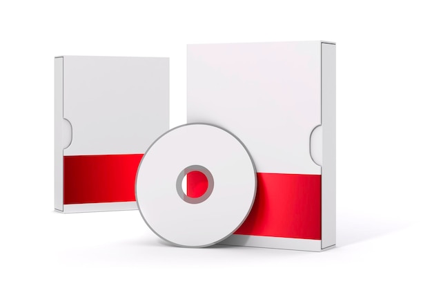 Фото 3d пустой пакет программного обеспечения и dvd на белом фоне