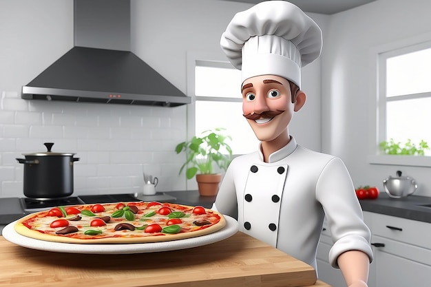 3D blanke mensen pizza koken met een pizza en een chef hoed