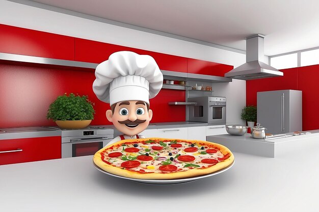 3D blanke mensen pizza koken met een pizza en een chef hoed