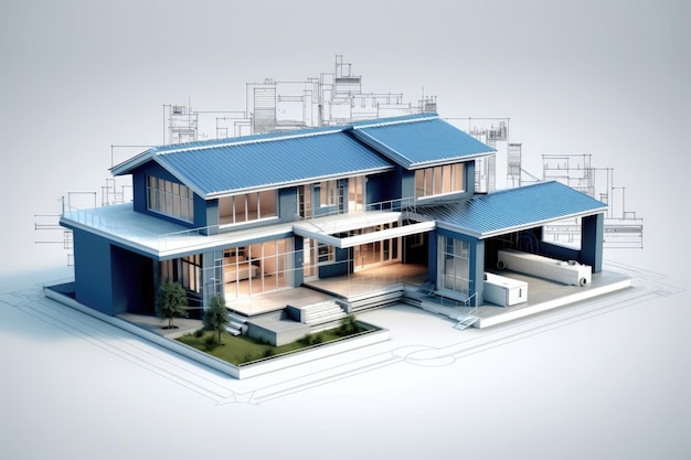 3D-blauwdruk van een huis met een witte achtergrond