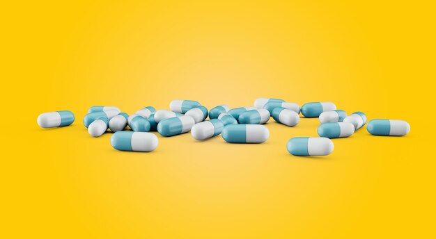 3d Blauwe En Witte Farmaceutische Antibioticacapsules Die Op Gele 3d Illustratie Worden Geïsoleerd Als Achtergrond
