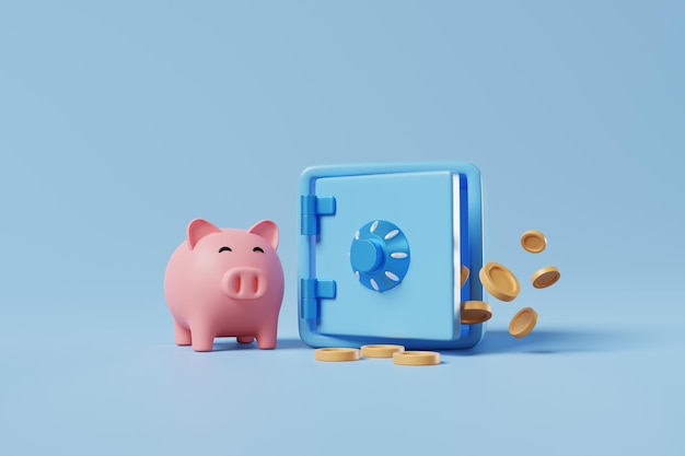 Foto 3d blauwe kluis met geldmunten en roze spaarvarken op blauwe achtergrond geld sparen voor pensioen in een kluis inflatie pensioen financieel beveiligingssysteem concept 3d rendering