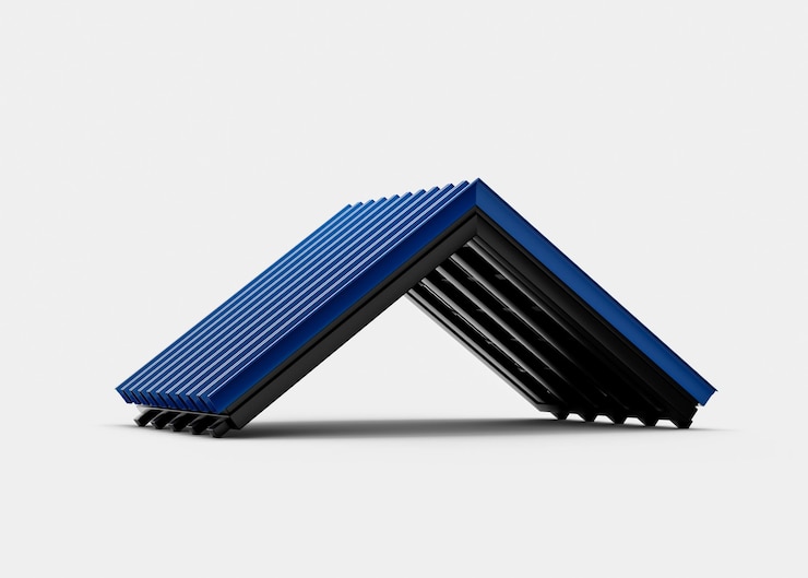 Foto 3d blauwe metalen dakplaat gegolfd gegalvaniseerd ijzer voor dak op witte achtergrond 3d illustratie