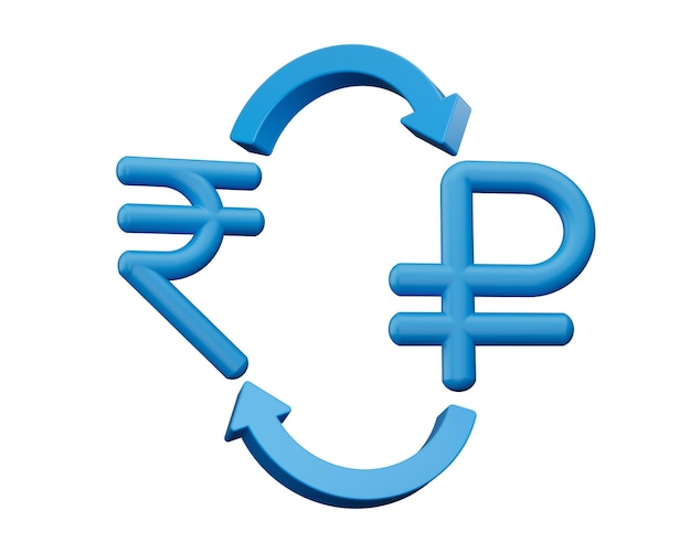3d blauwe roepie en roebel symbool iconen met geld wisselen pijlen op witte achtergrond 3d illustratie