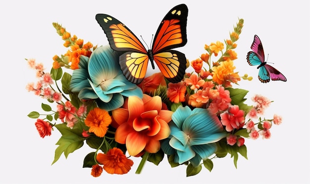 3D bloemen met vlinders clipart