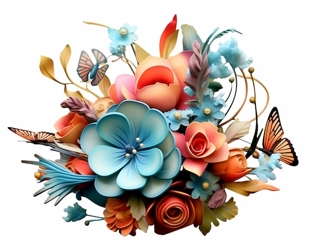 3D bloemen met vlinders clipart