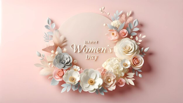 3D-bloemen op een zachte roze achtergrond ter viering van de Internationale Vrouwendag
