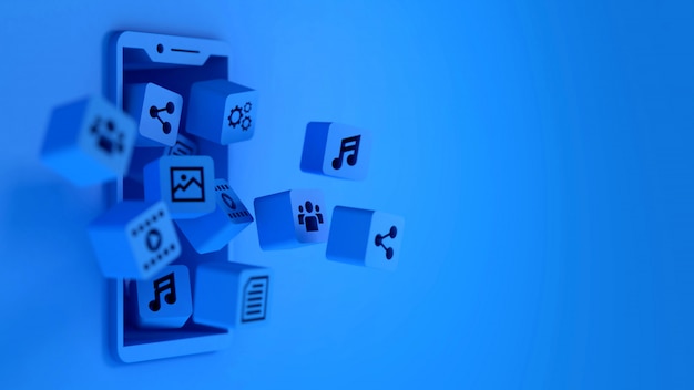 Icone blu di app 3d in cubi che galleggiano sullo schermo dello smartphone
