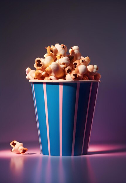 3D blue cup of cinema popcorn with purple light background