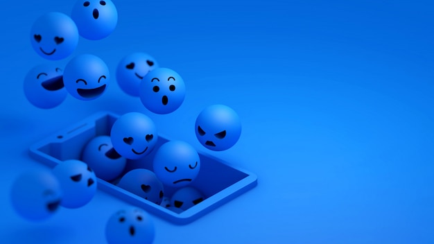 Emoji blu 3d che galleggiano sullo schermo dello smartphone