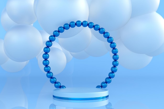 お祝いのデザインのための泡が付いている3d青い空の表彰台の表示製品最小限の幾何学的なスタジオ