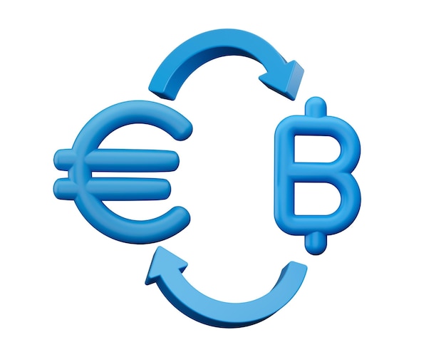 写真 3 d ブルー ユーロとバーツ シンボル アイコンとお金交換矢印白い背景の 3 d イラストレーション
