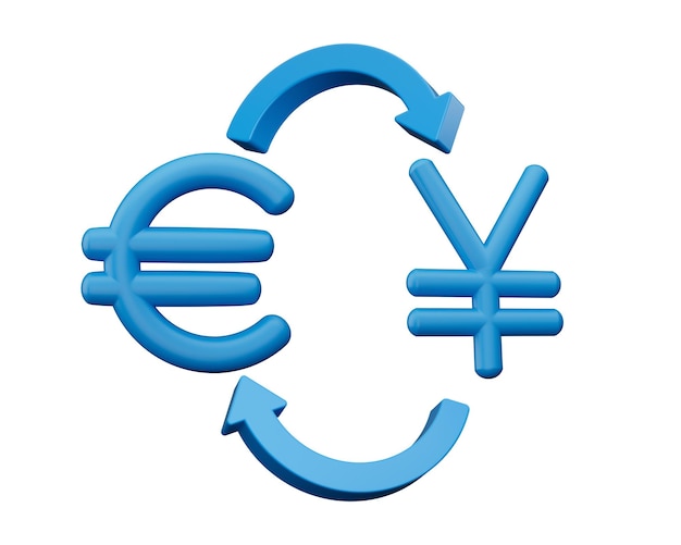 Фото 3d голубые символы евро и иены со стрелками обмена денег на белом фоне 3d иллюстрация
