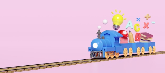 3D-голубой локомотив с деревянными вагонами с школьными принадлежностями копировать пространство изолировано на розовом фоне обратно в школу знания создают идею концепция 3D-рендер иллюстрация отрезка пути