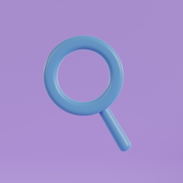 3d Blue magnifying glass icon on purple background 3d render illustration
