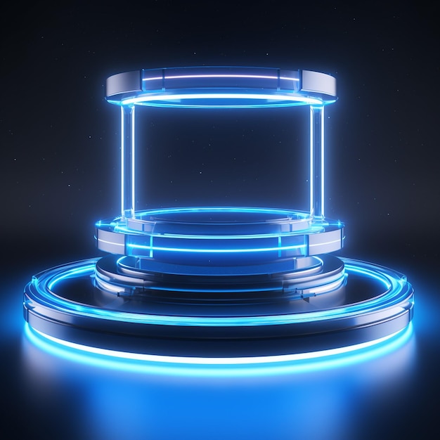 인공지능 (AI) 에 의해 생성 된 수평 네온 램프를 조명 한 방에서 3d 파란 네온 빛 실린더 포디움