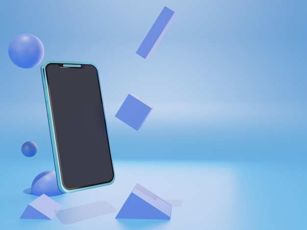 3D blue phone with abstract geometry shapes in blue background