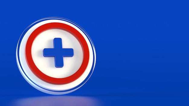 3d blue plus sign icon on the blue background. Add nad Medical symbol of emergency help. 3d aid vect