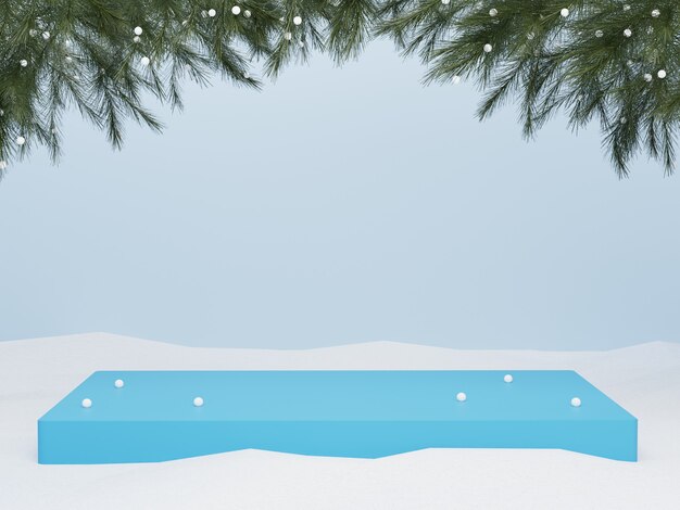 3d blue podium on snow with christmas tree