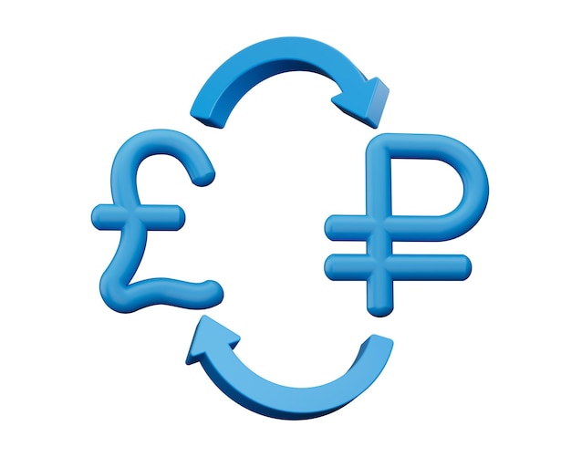 Icone blu del simbolo della sterlina e del rublo 3d con le frecce di scambio di denaro su sfondo bianco 3d'illustrazione