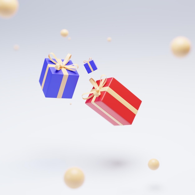 3D Blue and Red Christmas gift box with a golden ribbon bow levitating on the background.