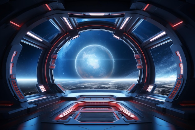 3d blue and red futuristic spaceship interior by generative ai