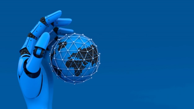 3d Blue robot hand and globe