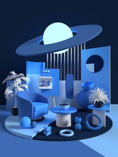 3d stanza blu rendering scena concetto home design forme geometriche astratte colori tenui 3d Foto Premium