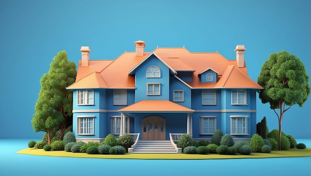 3D blue small house with blue background