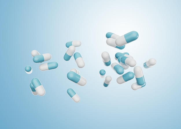 3d Blue And White Pharmaceutical Antibiotic Capsules Falling On Soft Blue Background 3d Illustration