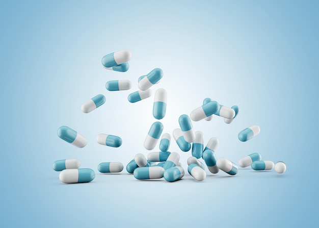 3d Blue And White Pharmaceutical Antibiotic Capsules Falling On Soft Blue Background 3d Illustration