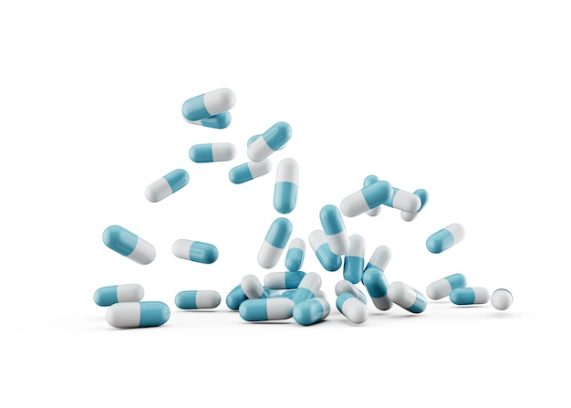 3d Blue And White Pharmaceutical Antibiotic Capsules Falling On White Background 3d Illustration