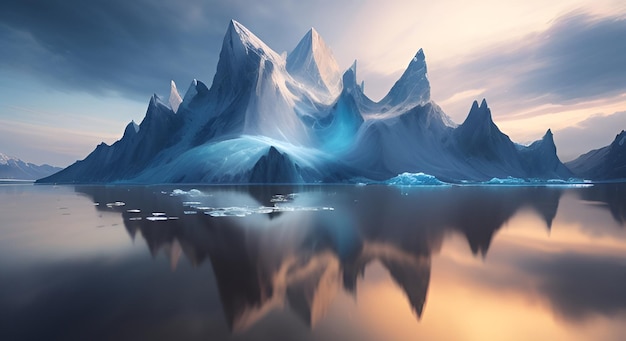 3d blue white snow mountains background with reflection