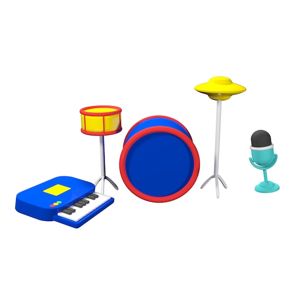 Foto 3d bluered drum set stile cartone animato morbido sfondo giallo minimo rendering 3d