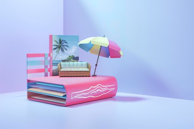 3D-boek met koffietafel, bank, stoel, paraplu geïsoleerd op roze achtergrond, concept voor zomervakantie.