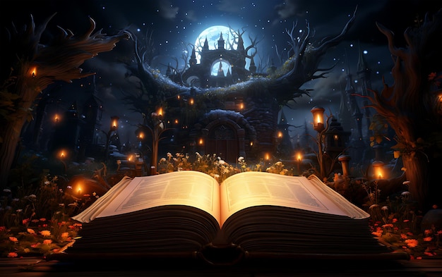 3D Book illustration in a dark room with different styles of design