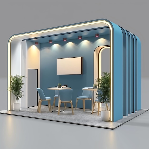 3d booth design for an exhibition stand blue and white color theme display with blank LED screen